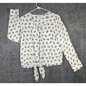 Freebird Skull Print Blouse Women Small Semi Sheer Tie Front Gothic